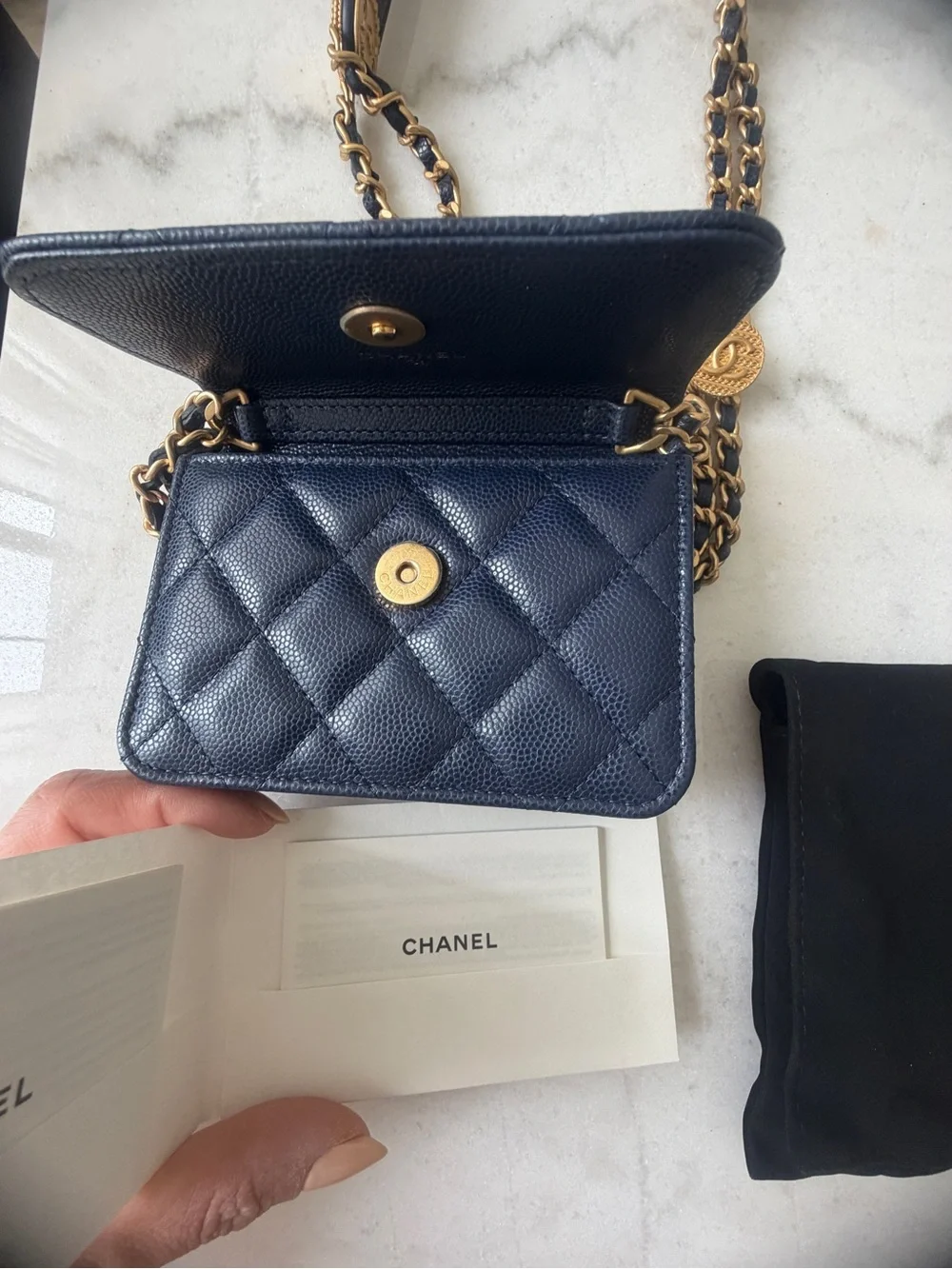 CHANEL Navy Quilted Caviar Mini Crossbody with Gold Hardware